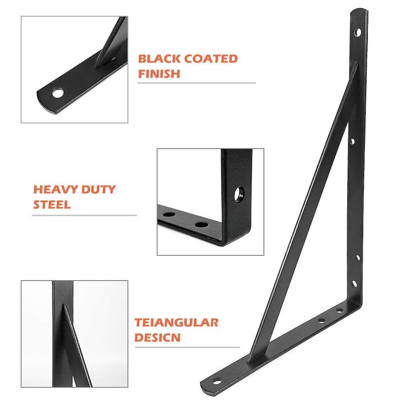 MY RUSTIC Shelf Brackets 14 inch, Heavy Duty Floating Shelf Bracket for Open Shelving, Black Metal L Bracket Angle Wall Brackets for 14 16 Large Shelves - 2 Pack with Screws - Multi-Size Available - Image 4